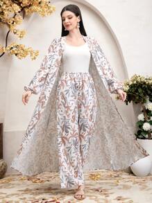 Mulvari 2pcs/Set Women Botanical Print Long Sleeve Robe & Pants Set - Multicolor - View 6