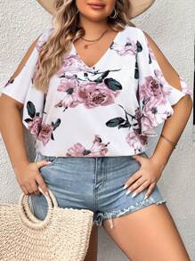 SHEIN Clasi Áo cánh in hoa màu hồng cổ chữ V cỡ lớn cho nữ, áo thanh lịch hàng ngày lãng mạn cho mùa xuân/hè - Nhiều màu - Xem 7