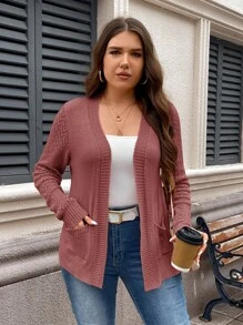 SHEIN LUNE Plus Size Solid Color Long Sleeve Pockets Simplistic Cardigan, Casual For Daily Wear Festival Summer Spring For Women In Fall, Winter - Dusty Pink - View 5