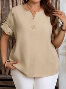 EMERY ROSE Plus Size Solid Color Button Front Short Sleeve Casual Blouse, For Everyday Wear Spring For Women Vacation Country - Apricot - View 4