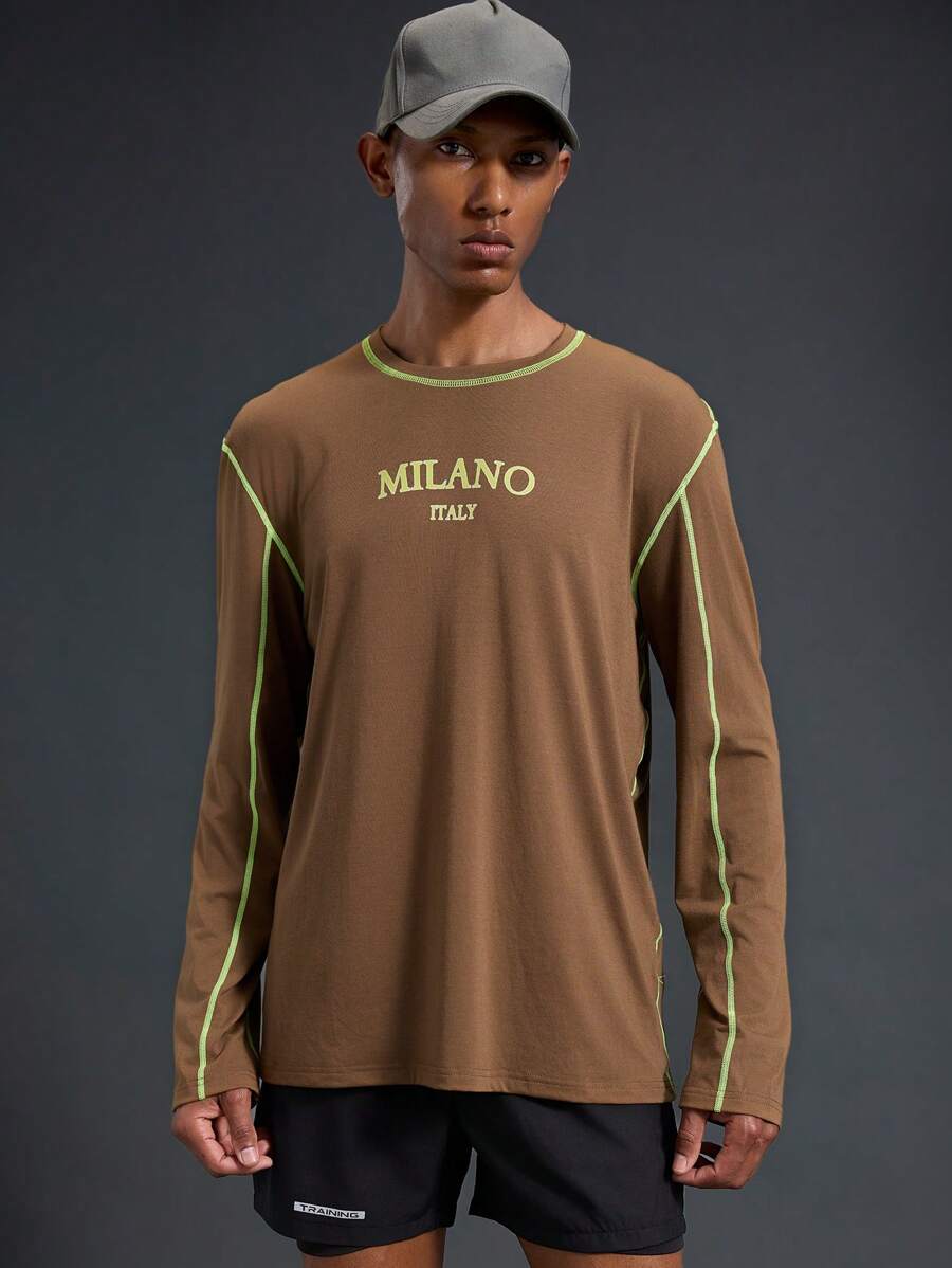Acti Log Áo thun thể thao cổ tròn dài tay kẻ sọc đơn giản cho nam - màu nâu - Xem 1