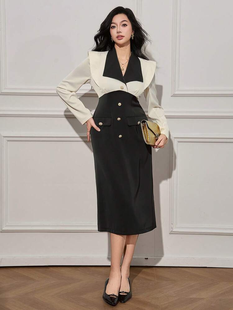 Color-Blocking Design Long Sleeve Button Front Midi Dress For Women Shirt Dress,Fall Dress