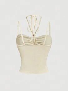 SHEIN MOD Blusa com decote halter e franzido em damasco, blusas para sair, blusas para férias de verão, carnaval, Y2K, elegante - Damasco - Ver 2