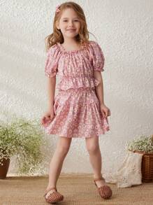 Blossori 年轻女孩法式优雅粉色和黄色雏菊编织圆领两件套，春夏