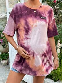 SHEIN Tie-Dye Oversized Maternity Round Neck Drop Shoulder Slogan T-Shirt Women Casual Tops Summer Clothes Women Tops Spring Clothes Women Tops T Shirts For Women - Multicolor - View 3