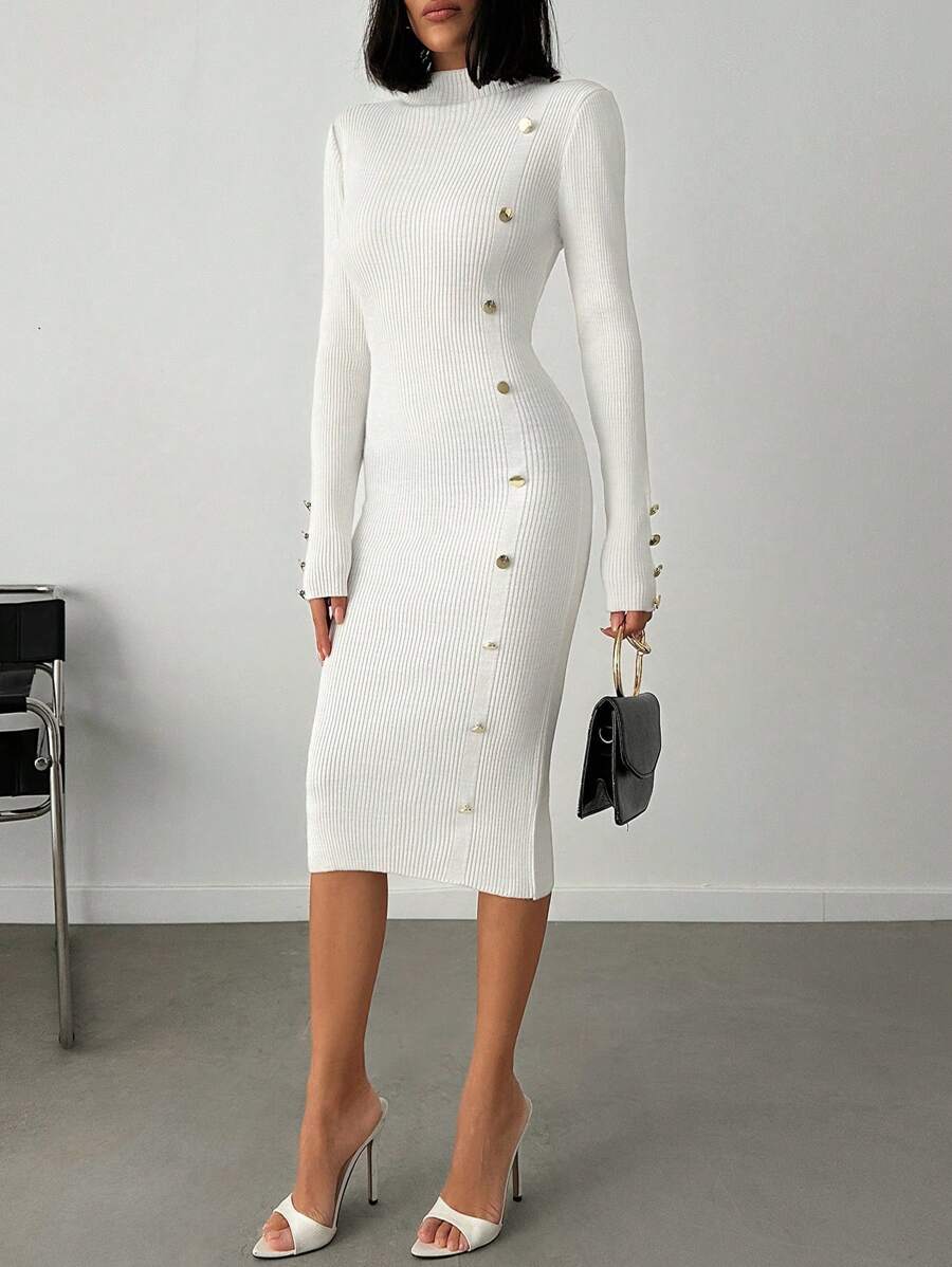 RueChic Mock Neck Button Front Sweater Dress Without Belt - White - View 1