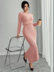 Chiquease Fashionable Fitted Round Neck Long Sleeve Cable Knit Fishtail Hem Brown Sweater Dress For Women, Autumn/Winter