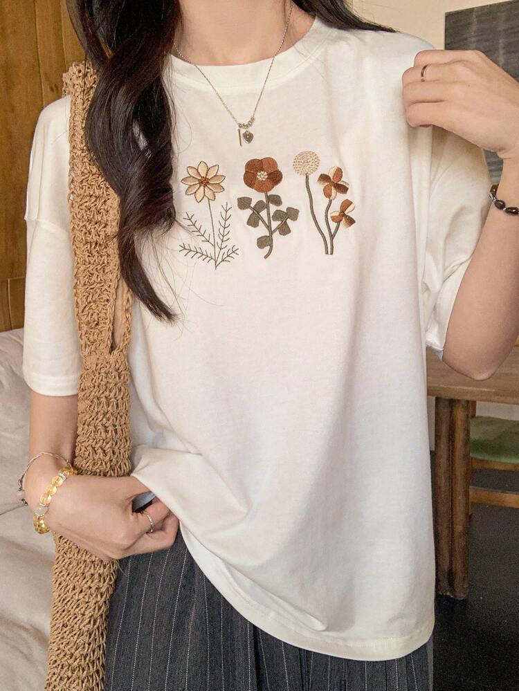 Floral Embroidery Round Neck Short Sleeve T-Shirt For Teen Girls Summer