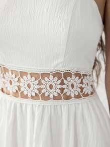 SHEIN MOD White Hollow Embroidered Tie Bow Ruffle Hem Maxi Skirt, Boho Style, Western Vibe, Holiday, Picnic, Beach,Valentines Clothes,Vacation Outfits Woman,Summer Outfits For Women,Beach Outfits For Woman,Mardi Gras,Valentines Dress,Rave Outfits Festival - White - View 5