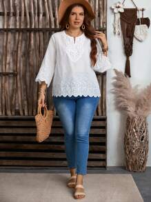 EMERY ROSE Plus Size Plain V-Neck Seashell Hem Casual Shirt,Boho For Women/Summer,Western Wear Women,Vacation Outfits Woman