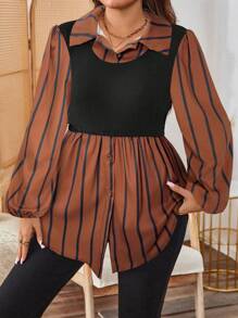 SHEIN LUNE Plus Size Striped Patchwork Turndown Collar Long Sleeve Casual Blouse Holiday Business Casual Woman Going Out Tops - Brown - View 5