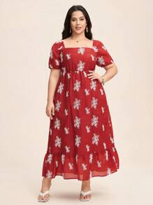 SHEIN LUNE Plus Size Women Floral Print Square Collar Short Sleeve Elegant Dress Red And White,Summer,Boho,Vacation,Holiday Sun Dress Birthday Gown Work Clothing - Red - View 3