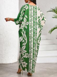 SHEIN Lady Women's V-Neck Short Sleeve Floral Print Patchwork Simple Ultra Long Dress - Green - View 2