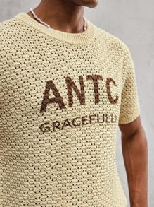 AKNOTIC Party Herren Strickpullover mit Buchstabenprint und Perforation, figurbetont, Rundhalsausschnitt, Kurzarm, geeignet für den täglichen Gebrauch und den Urlaub, Frühling/Sommer - Khaki - Übersicht 5