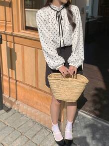 FRIFUL Camisa suelta de mujer con cuello de corbata a lunares, conjunto de primavera para citas y eventos