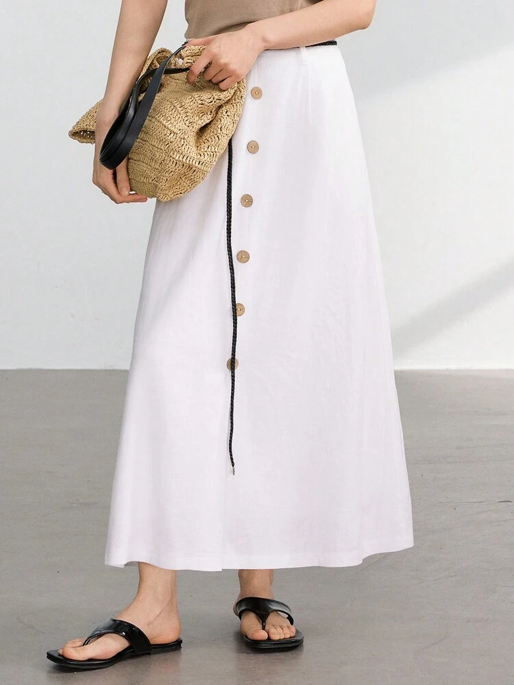 Women's Business Casual Loose Waist Drawstring Button Decor 100% Linen Solid Color Skirt Old Money Style