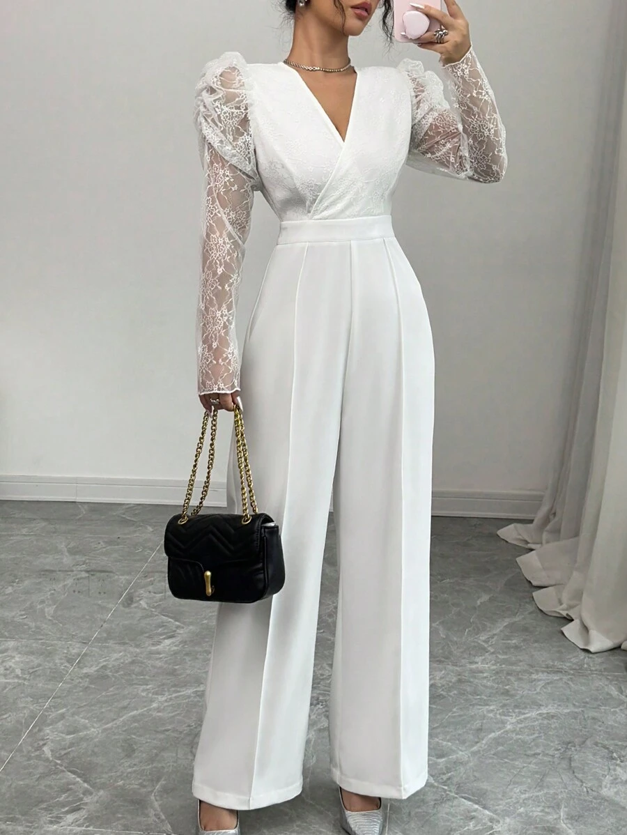 Rafferiza Women's V-Neck Lace Patchwork Jumpsuit With Cinched Waist And Wide Leg Pants - White - View 1