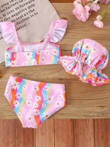 Nuevo conjunto de traje de baño para niña de primavera/verano, con un diseño lindo y dulce. Incluye un sombrero de ala ancha, un diseño de estampado floral de dibujos animados vibrantes para un look adorable y llamativo. Adecuado para diversas actividades de verano, ¡una opción ideal para salidas entre padres e hijos!