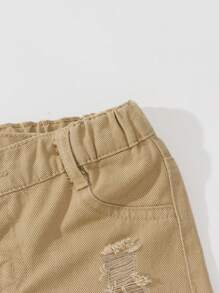 SHEIN 女婴不对称弹性腰部修身蝴蝶印花浅色直筒牛仔裤 - 卡其色 - 查看 4