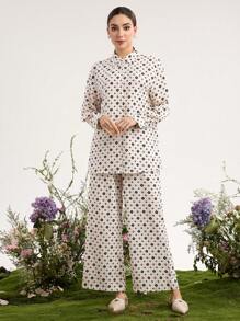 Graceveil 2pcs/Set Women Printed Collared Button-Up Long Sleeve Elasticized Waist - Multicolor - View 4