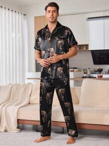 CoupledUp Conjunto de pijama para hombres con top y pantalones de estampado de leopardo de satén