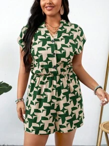 SHEIN LUNE Plus Size Summer Asymmetrical Geometric Print Romper, Western Wear Festival Boho Hippie Cowgirl Outfit, Old Money Bohemian - Green - View 4