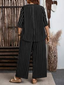 EMERY ROSE 2pcs/Set Plus Size Front Button Short Sleeve Stripe Top And Pants Set,Vacation Outfits Woman,Boho For Women