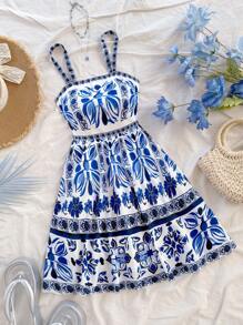 Soleia Vestido mini con tirantes y espalda descubierta con estampado de patrones, estilo vacacional versátil