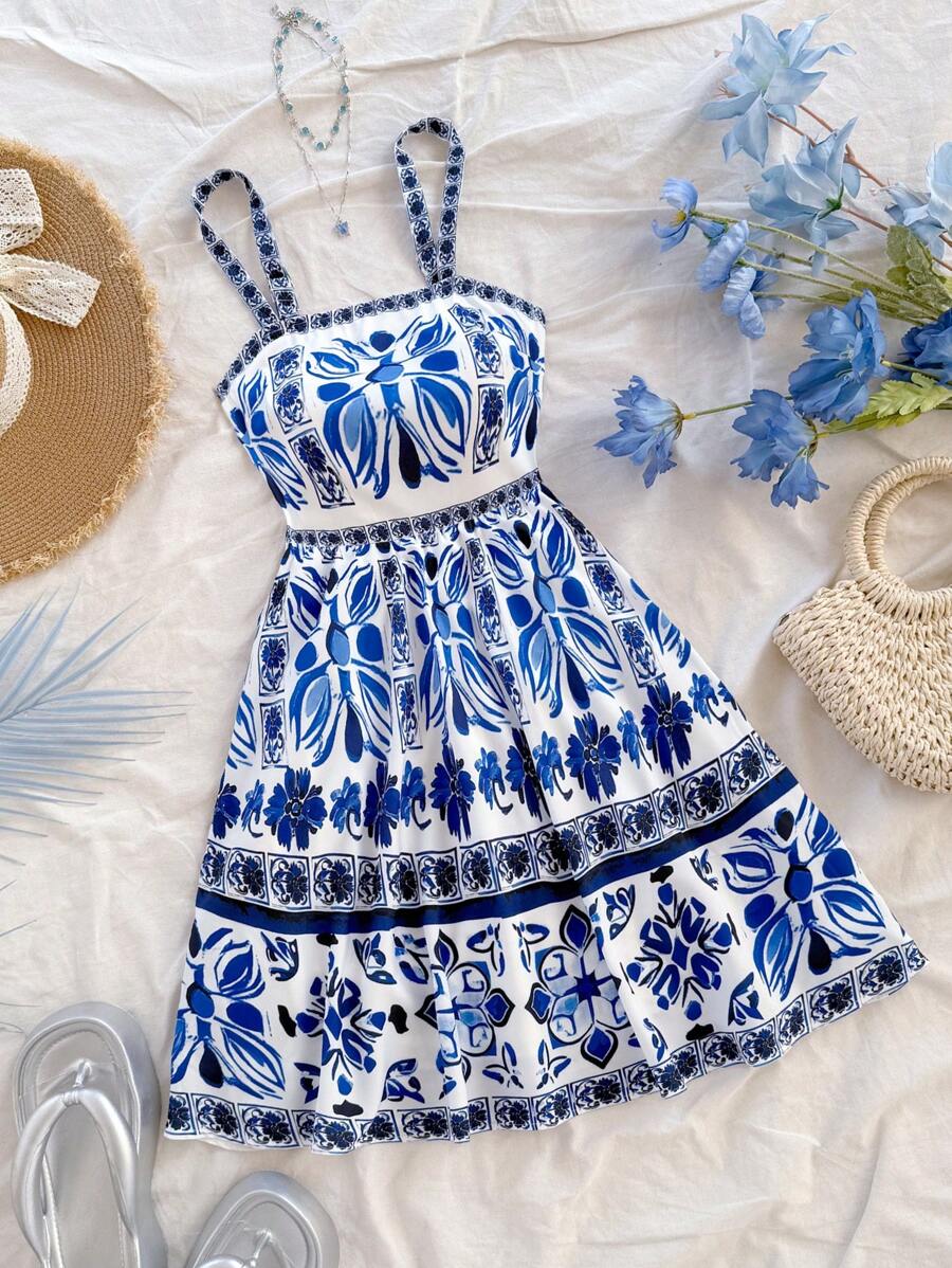 Soleia Vestido mini con tirantes y espalda descubierta con estampado de patrones, estilo vacacional versátil