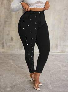 SHEIN SXY Plus Size Stretch Denim Blue Skinny Pants With Pearl Decoration - Black - View 3