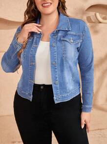 EMERY ROSE Plus Size Women Single-Breasted Casual Denim Jacket, Long Sleeve Elegant Jacket - Medium Wash - View 6
