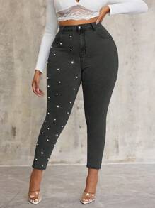 SHEIN SXY Pantalones vaqueros azules elásticos con decoración de perlas, para tallas grandes