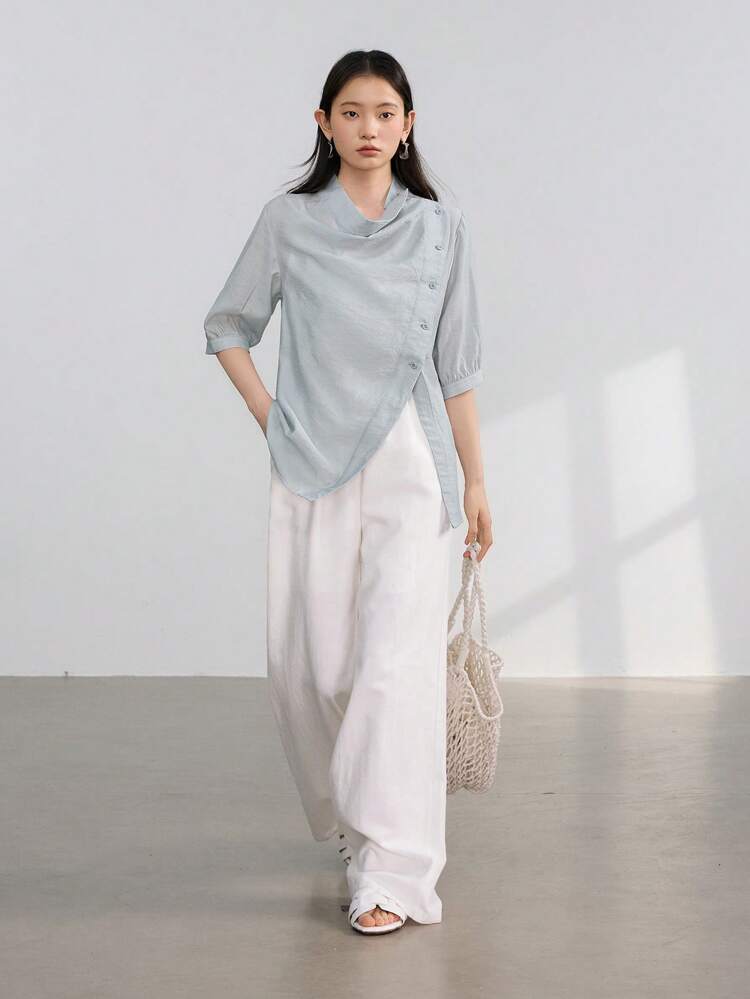 Women's Solid Color Minimalist Asymmetric Draped Collar Short Sleeve Blouse Business Casual Woman Work Clothes