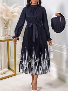 SHEIN Lady Leopard Print Dress Pleated A-Hem Long Dress For Women - Navy Blue - View 1