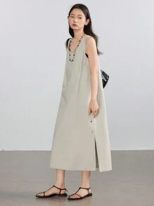 DAZY Casual Loose Straight High-Slit Button Decorative Mid-Length Dress Old Money Style Summer - Beige - View 2