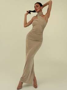 Aloruh Elegant One-Shoulder Ruffle Design Slim Pleated Long Straight Evening Dress - Apricot - View 7