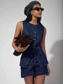 COSMINA Women's Single-Breasted Denim Vest And Shorts Casual Suit, Old Money, Vintage, Fall Women Clothes - Dark Wash - View 3