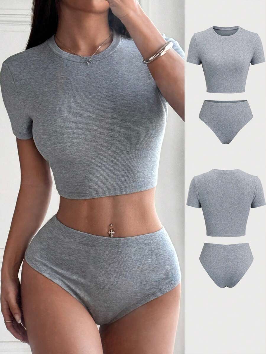 SHEIN Unity 2 件套女士简约纯色短款上衣和三角内裤套装