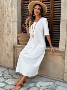 EMERY ROSE Đầm dài cổ tròn trơn đơn giản cho nữ - trắng - Xem 6