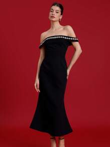 Chiquease Elegant High-End Formal Party Long Dress With Beaded Off Shoulder Collar Design, Slim Fit Enhances Figure   Old Money Style For Summer Spring Fall Autumn - Black - View 6