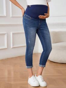 SHEIN 孕妇休闲七分裤，简约时尚孕妇牛仔裤，适合夏季日常穿着 - 深色水洗藍 - 查看 1