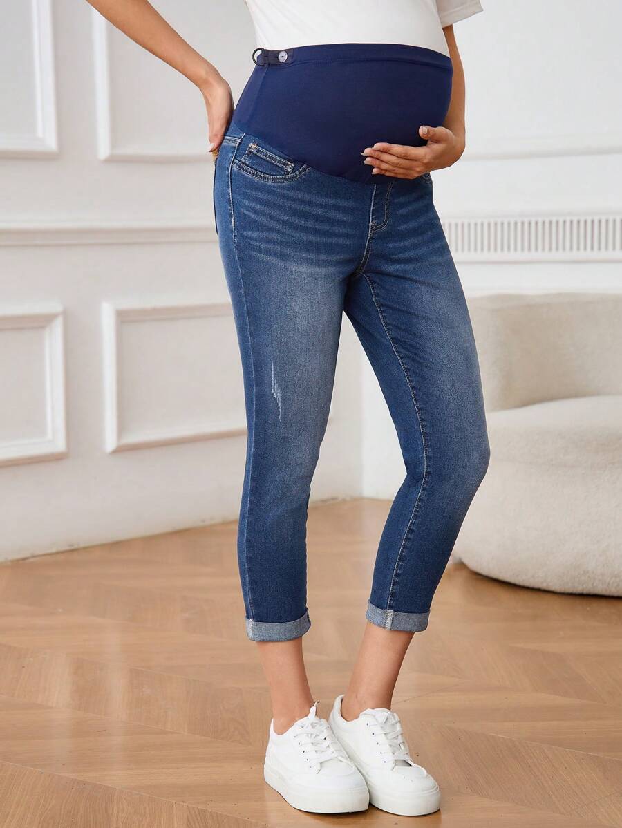 SHEIN 孕妇休闲七分裤，简约时尚孕妇牛仔裤，适合夏季日常穿着 - 深色水洗藍 - 查看 1