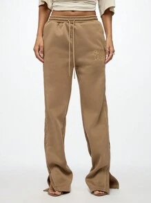 SUMWON WOMEN 奢华侧开衩喇叭裤运动休闲裤，腰部抽绳，舒适弹力裤，适合瑜伽健身运动休闲装 - 棕色 - 查看 5