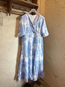 Dazy Petite Plus Plus Size Blue Floral Print V-Neck Cinched Waist Long Dress, Spring/Summer - Blue - View 8