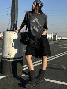 DAZY Women Ink Starry Print Round Neck Drop Shoulder T-Shirt Graphic Tee Oversized T-Shirt - Dark Grey - View 2