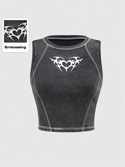 ROMWE Grunge Punk Regata Feminina com Estampa Metálica de Estilo de Rua Punk, Contraste de Cores, Tecido Desgastado