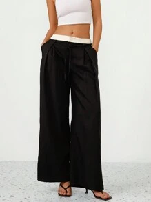 Femmeiva Pantalon ample décontracté à jambes larges et longueur extra-longue, avec plis et nœud à la taille. Design simple et élégant en couleur contrastée, polyvalent pour les déplacements - Noir - Voir 1