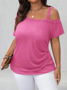 SHEIN LUNE Camiseta casual de manga corta con hombros descubiertos y abotonada, talla grande, para uso diario, estilo boho "Old Money"