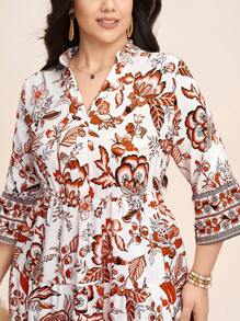 SHEIN LUNE Notched V-Neck Printed Long Dress Ramadan Summer/Spring Clothes - Multicolor - View 3