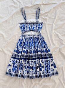 Soleia Vestido mini con tirantes y espalda descubierta con estampado de patrones, estilo vacacional versátil